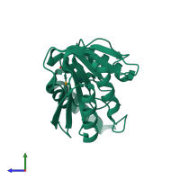 PDB entry 3evz coloured by chain, side view.