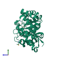 PDB entry 3ewb coloured by chain, side view.