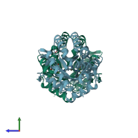 PDB entry 3ex3 coloured by chain, side view.