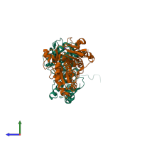 PDB entry 3exi coloured by chain, side view.