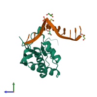 PDB entry 3ey1 coloured by chain, side view.