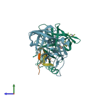 PDB entry 3eyd coloured by chain, side view.