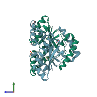 PDB entry 3eyx coloured by chain, side view.