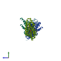 PDB entry 3ez0 coloured by chain, side view.