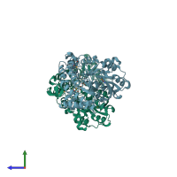 PDB entry 3ez1 coloured by chain, side view.