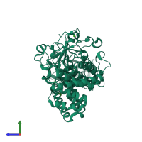 PDB entry 3ez8 coloured by chain, side view.