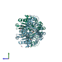 PDB entry 3ezs coloured by chain, side view.