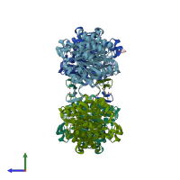 PDB entry 3ezy coloured by chain, side view.