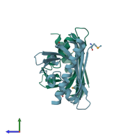 PDB entry 3f08 coloured by chain, side view.