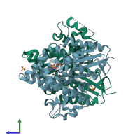 PDB entry 3f0t coloured by chain, side view.