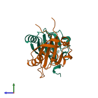 PDB entry 3f1o coloured by chain, side view.