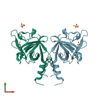 PDB entry 3f1r coloured by chain, front view.