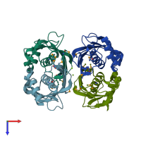PDB entry 3f1t coloured by chain, top view.