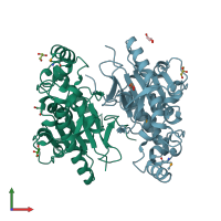 PDB entry 3f3k coloured by chain, front view.