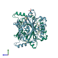 PDB entry 3f3k coloured by chain, side view.