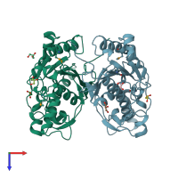 PDB entry 3f3k coloured by chain, top view.