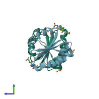 PDB entry 3f3r coloured by chain, side view.