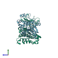 PDB entry 3f3u coloured by chain, side view.