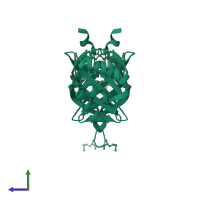 PDB 3f40 contains 2 copies of uncharacterized NTF2-like protein in assembly 1. This protein is highlighted and viewed from the side.