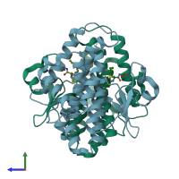 PDB entry 3f63 coloured by chain, side view.