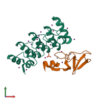PDB entry 3f6q coloured by chain, front view.