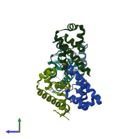 PDB entry 3f6w coloured by chain, side view.