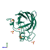 PDB entry 3f7k coloured by chain, side view.