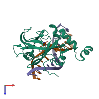 Hetero trimeric assembly 2 of PDB entry 3f8i coloured by chemically distinct molecules, top view.