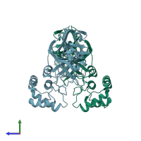 PDB entry 3f9f coloured by chain, side view.