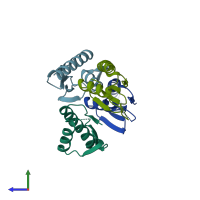 PDB entry 3fau coloured by chain, side view.