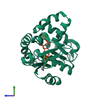PDB entry 3fb4 coloured by chain, side view.