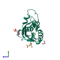 PDB entry 3fba coloured by chain, side view.