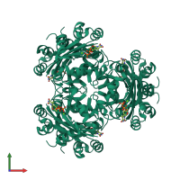 Homo hexameric assembly 1 of PDB entry 3fbf coloured by chemically distinct molecules, front view.