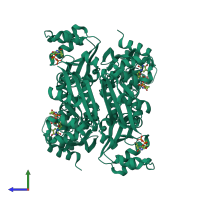 Homo hexameric assembly 1 of PDB entry 3fbf coloured by chemically distinct molecules, side view.