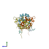 PDB entry 3fbi coloured by chain, side view.