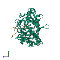 PDB entry 3fbr coloured by chain, side view.