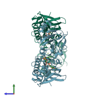 PDB entry 3fbs coloured by chain, side view.