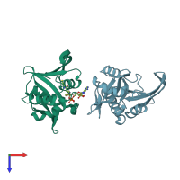 PDB entry 3fbu coloured by chain, top view.