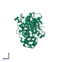 Monomeric assembly 1 of PDB entry 3fc1 coloured by chemically distinct molecules, side view.