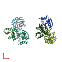 PDB entry 3fc9 coloured by chain, front view.