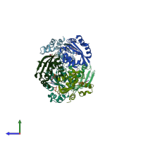 PDB entry 3fc9 coloured by chain, side view.