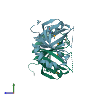 PDB entry 3fcd coloured by chain, side view.