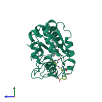 PDB entry 3fck coloured by chain, side view.