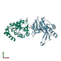 PDB entry 3fcm coloured by chain, front view.