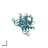 PDB entry 3fcm coloured by chain, side view.