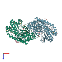 PDB entry 3fd0 coloured by chain, top view.