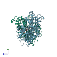 PDB entry 3fd5 coloured by chain, side view.
