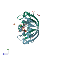 PDB entry 3fd7 coloured by chain, side view.