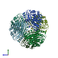 PDB entry 3fd8 coloured by chain, side view.