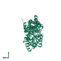 PDB entry 3fdd coloured by chain, side view.